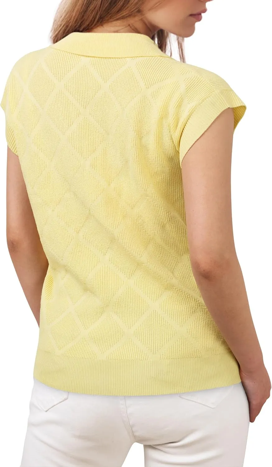 Messic Womens Cap Sleeve Sweater Lapel V Neck Casual Knit Pullover Tops 2024