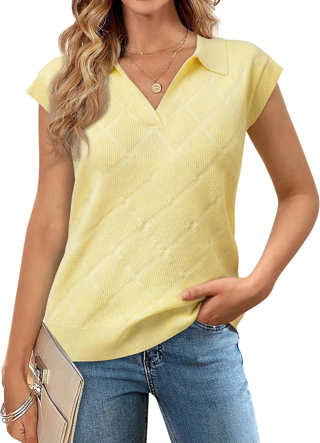 Messic Womens Cap Sleeve Sweater Lapel V Neck Casual Knit Pullover Tops 2024