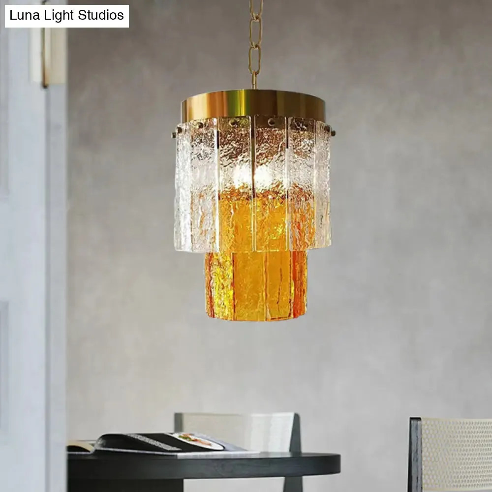 Minimal Style 2-Tiered Yellow Glass Pendant Lamp - Dining Room Hanging Light Fixture with Textured Glass