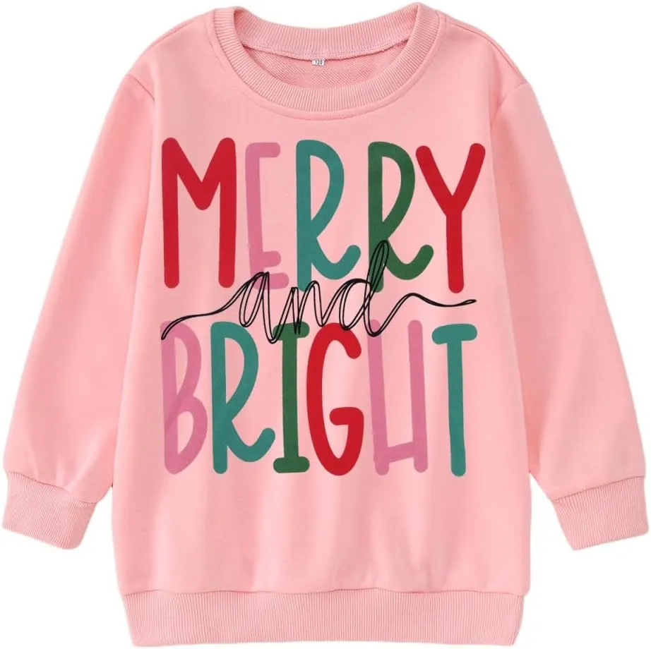 MODNTOGA Kids Boy Girl Merry and Bright Crewneck Sweatshirt Merry Christmas Sweatshirt Retro Xmas Long Sleeve Pullover Tops