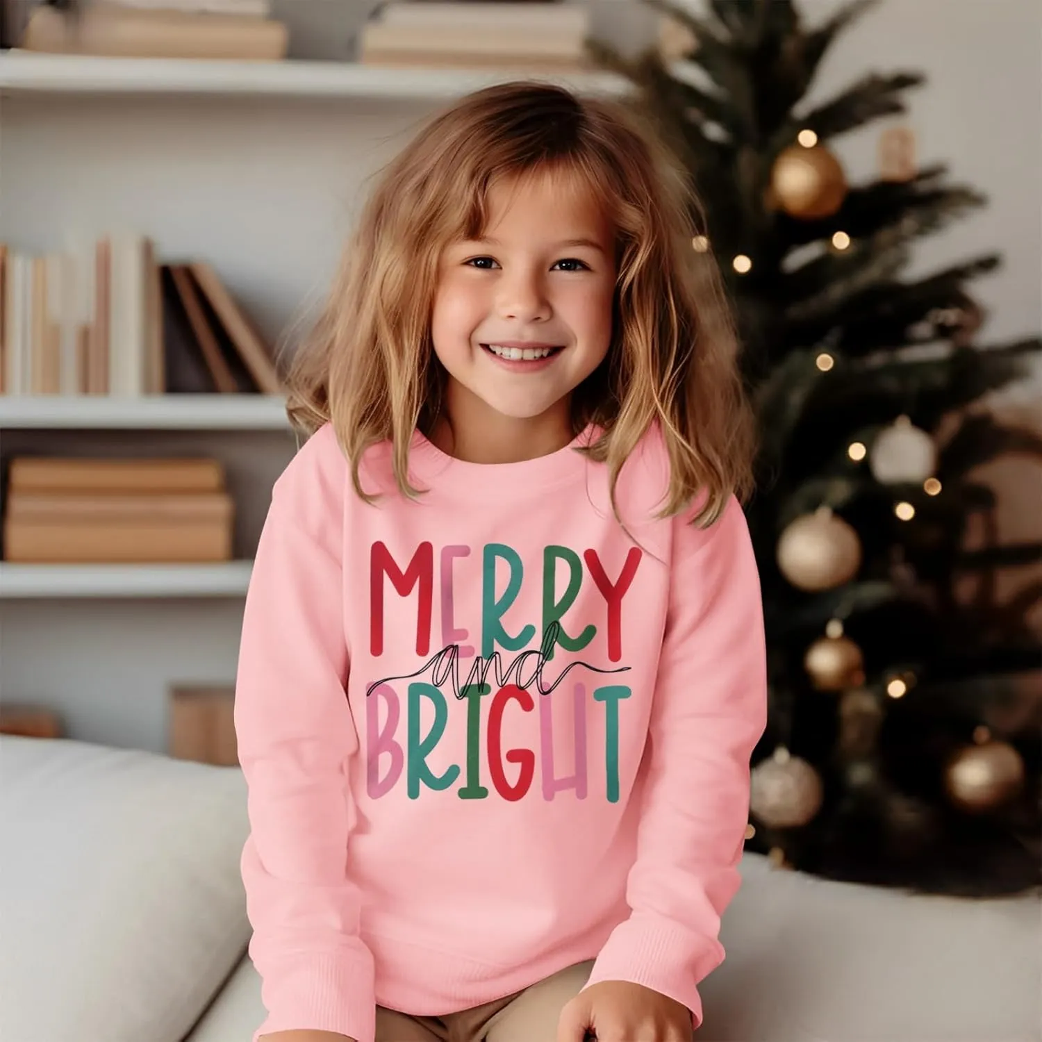 MODNTOGA Kids Boy Girl Merry and Bright Crewneck Sweatshirt Merry Christmas Sweatshirt Retro Xmas Long Sleeve Pullover Tops