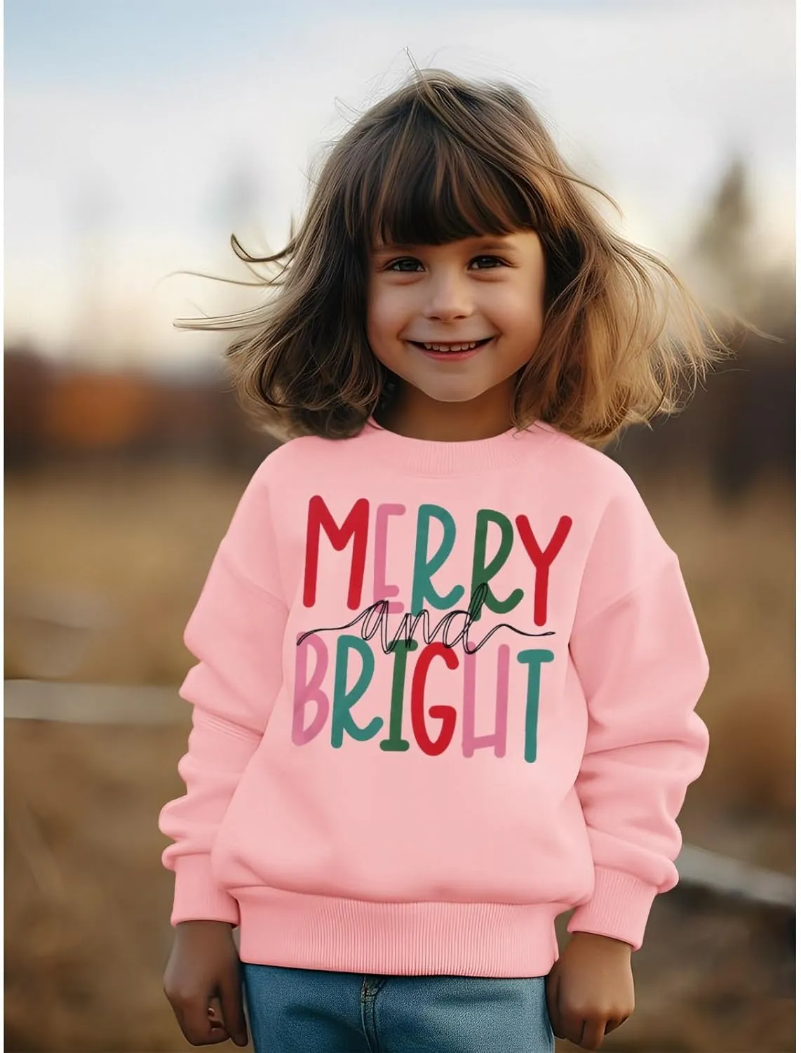 MODNTOGA Kids Boy Girl Merry and Bright Crewneck Sweatshirt Merry Christmas Sweatshirt Retro Xmas Long Sleeve Pullover Tops