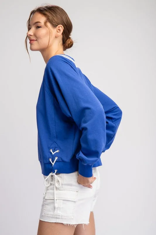 Royal Blue Tie Lace Up Long Sleeve Pullover