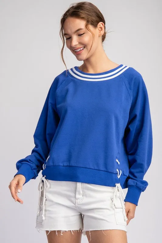 Royal Blue Tie Lace Up Long Sleeve Pullover
