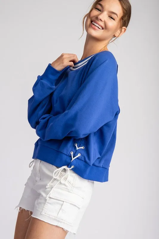 Royal Blue Tie Lace Up Long Sleeve Pullover