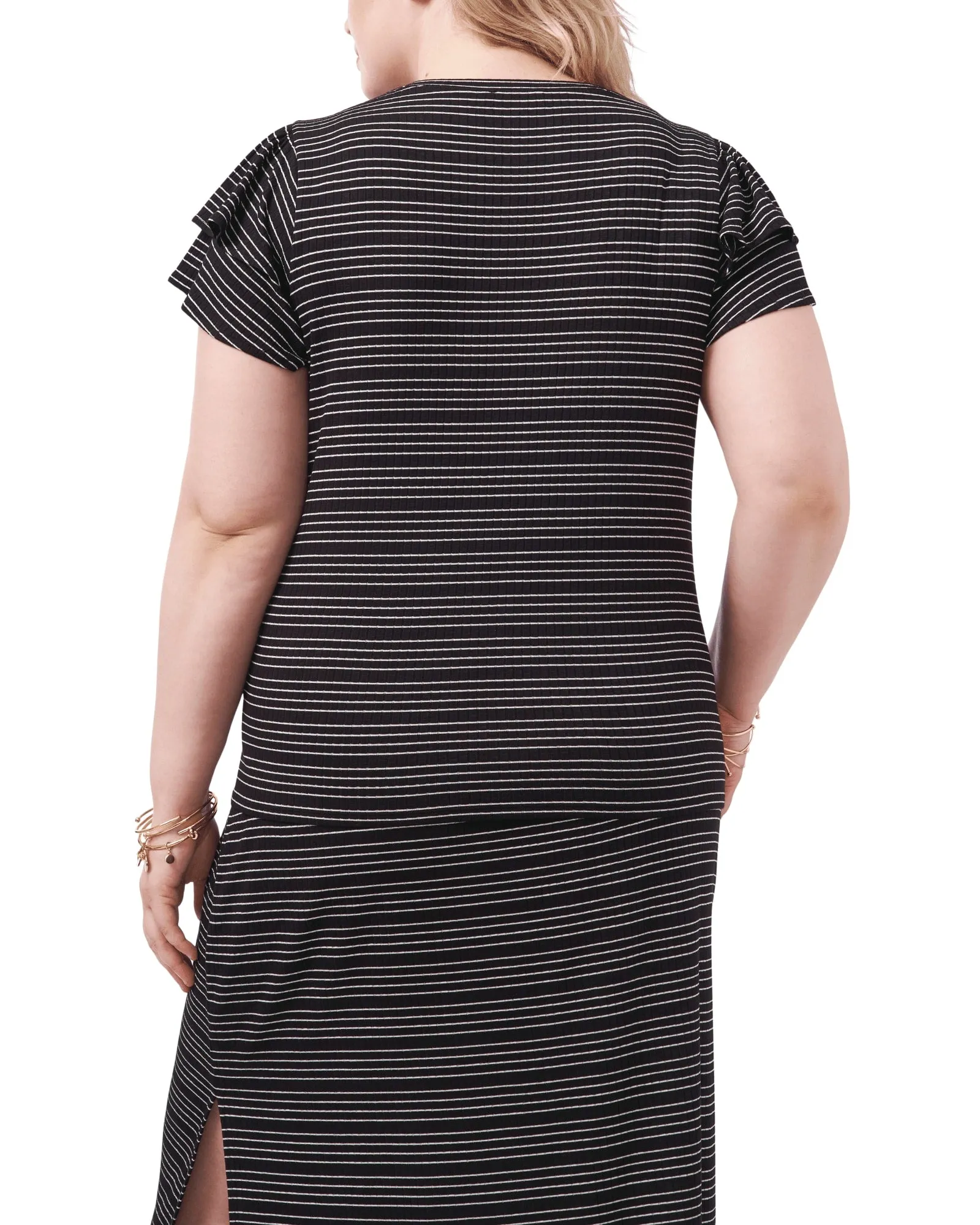 Samira Striped Ruffle-Sleeve Tee | RICH BLACK-060