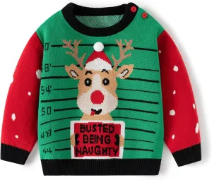 Ugly Christmas Sweater for Babies and Toddlers, Funny Dinosaur Santa Claus Knitted Sweatshirt Holiday Pullover Tops for Kids