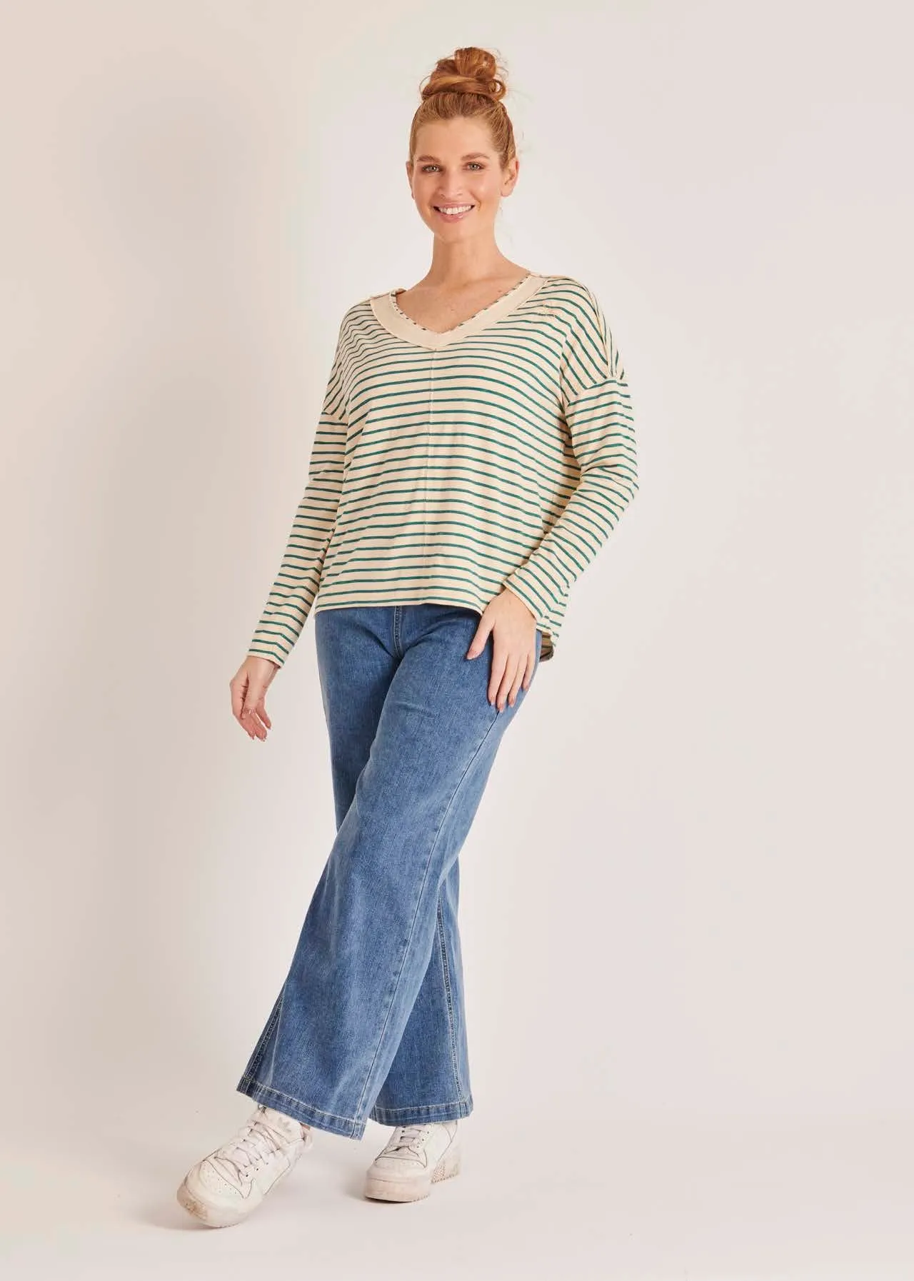 V-Neck Drop Shoulder Top - Teal Stripe