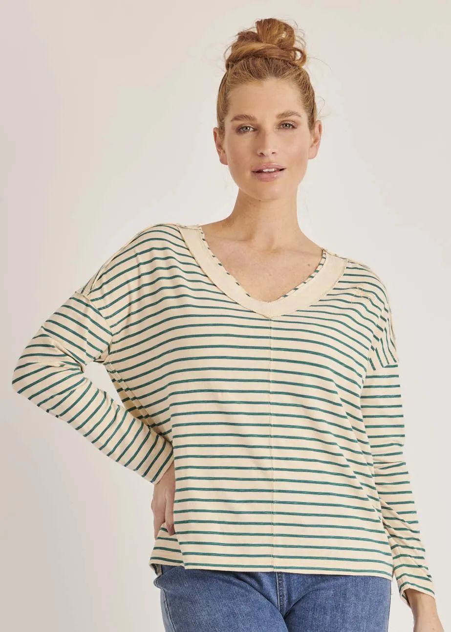 V-Neck Drop Shoulder Top - Teal Stripe