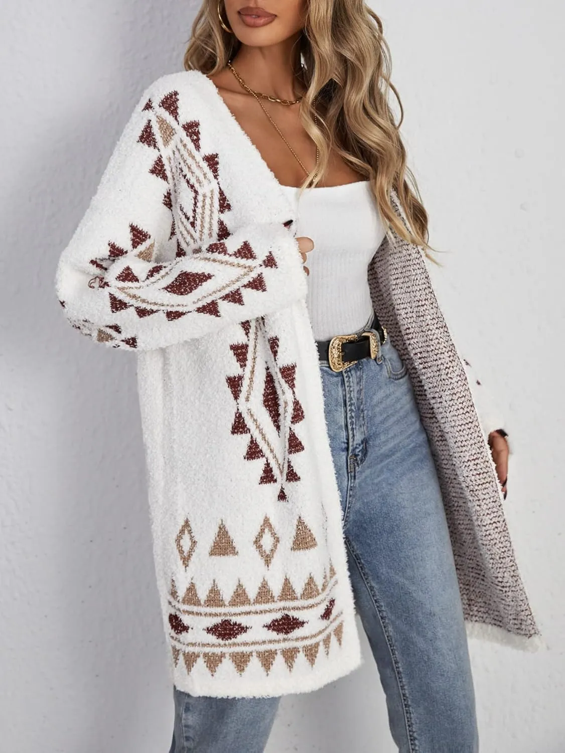 WDIRARA Women's Fuzzy Knit Cardigan Geo Pattern Long Sleeve Drop Shoulder Open Front Sweater
