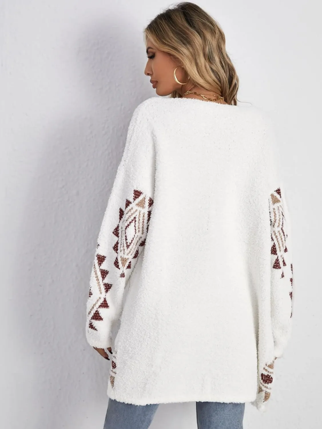 WDIRARA Women's Fuzzy Knit Cardigan Geo Pattern Long Sleeve Drop Shoulder Open Front Sweater