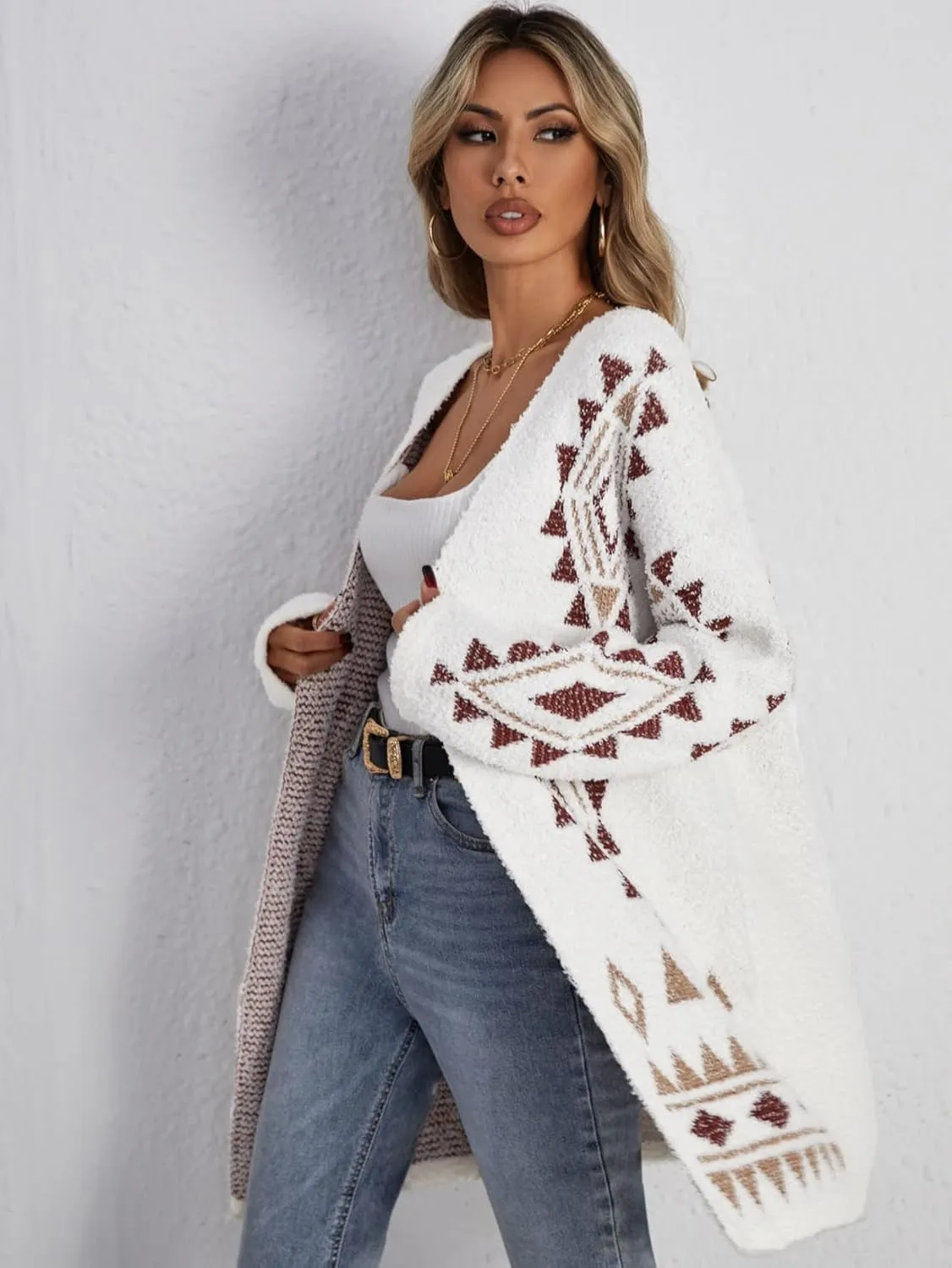 WDIRARA Women's Fuzzy Knit Cardigan Geo Pattern Long Sleeve Drop Shoulder Open Front Sweater