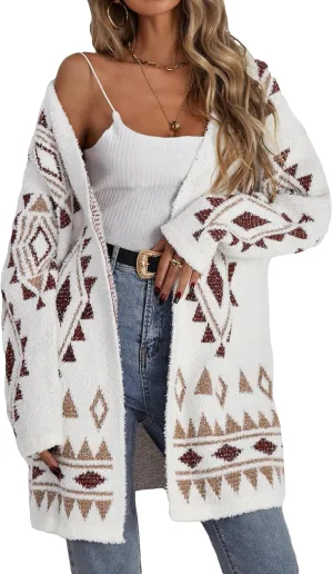 WDIRARA Women's Fuzzy Knit Cardigan Geo Pattern Long Sleeve Drop Shoulder Open Front Sweater