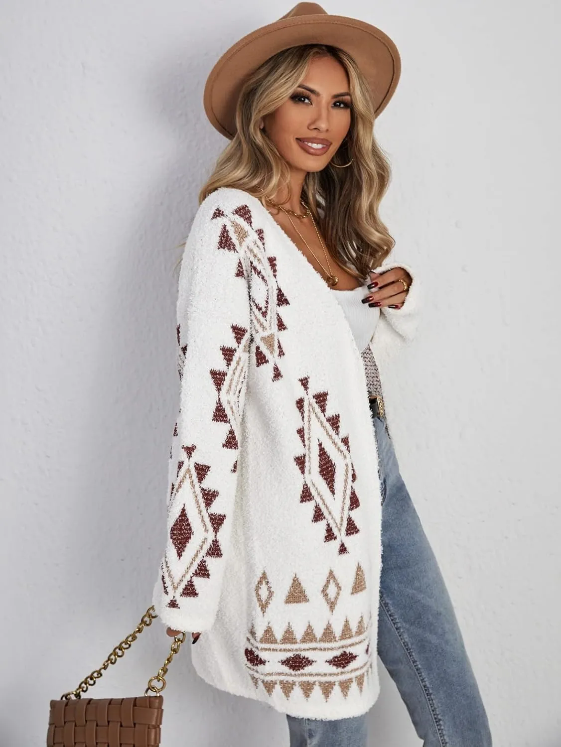 WDIRARA Women's Fuzzy Knit Cardigan Geo Pattern Long Sleeve Drop Shoulder Open Front Sweater
