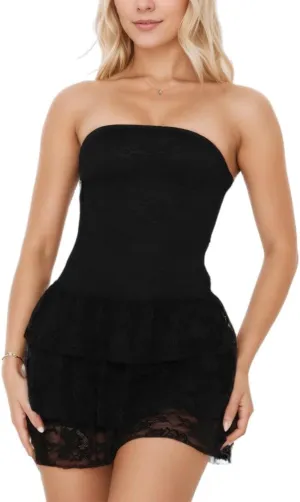 Women Sexy Strapless Tiered Ruched Tube Mini Dress Y2k Sleeveless Backless Lace Ruffle Hem A-Line Short Dress