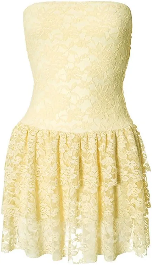 Women Sexy Strapless Tiered Ruched Tube Mini Dress Y2k Sleeveless Backless Lace Ruffle Hem A-Line Short Dress