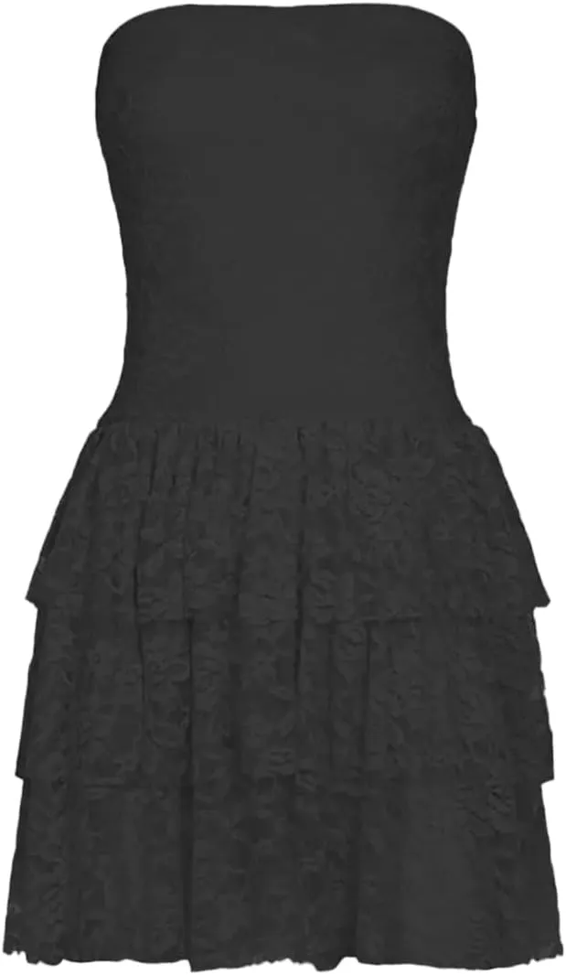 Women Sexy Strapless Tiered Ruched Tube Mini Dress Y2k Sleeveless Backless Lace Ruffle Hem A-Line Short Dress