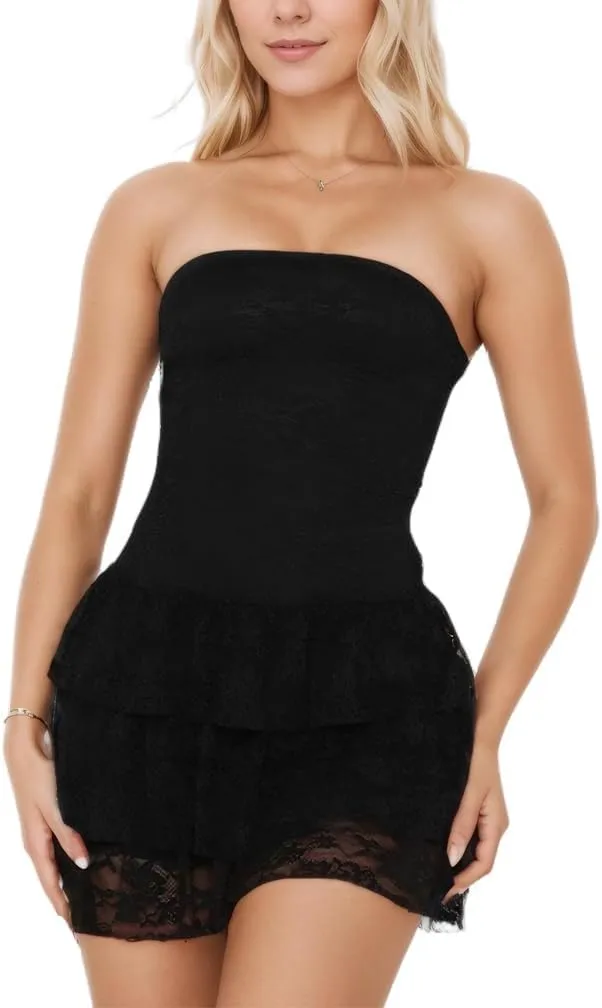 Women Sexy Strapless Tiered Ruched Tube Mini Dress Y2k Sleeveless Backless Lace Ruffle Hem A-Line Short Dress