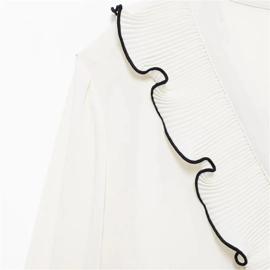 Women Splicing Decorative Edge Small Pleat Layered Decoration Long Sleeved V-Neck Shirt