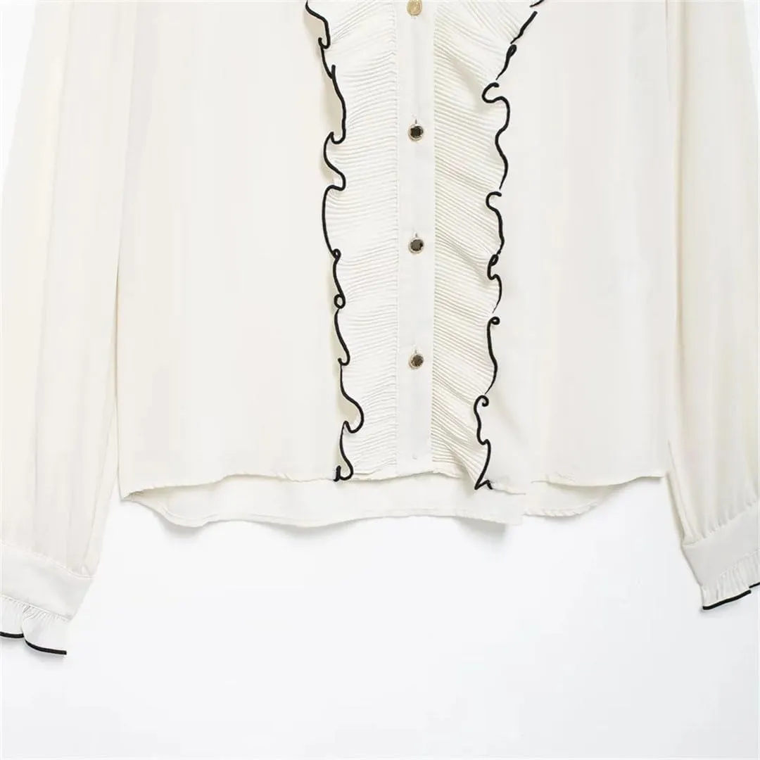 Women Splicing Decorative Edge Small Pleat Layered Decoration Long Sleeved V-Neck Shirt