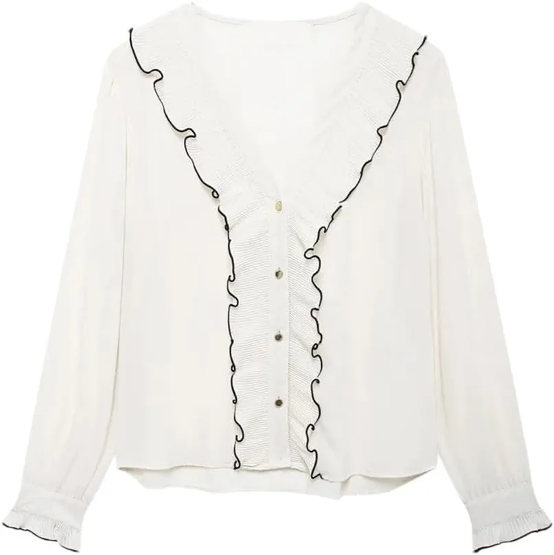 Women Splicing Decorative Edge Small Pleat Layered Decoration Long Sleeved V-Neck Shirt