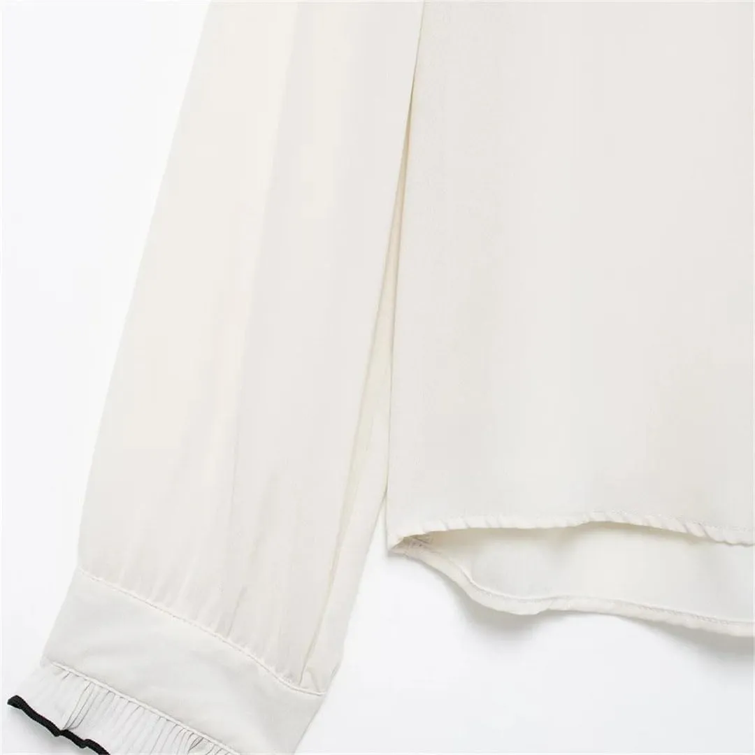 Women Splicing Decorative Edge Small Pleat Layered Decoration Long Sleeved V-Neck Shirt