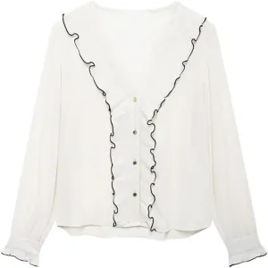 Women Splicing Decorative Edge Small Pleat Layered Decoration Long Sleeved V-Neck Shirt