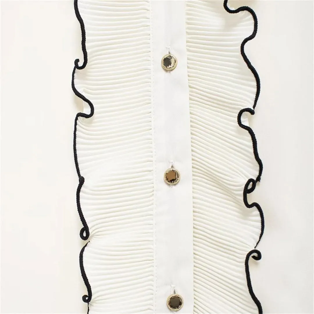Women Splicing Decorative Edge Small Pleat Layered Decoration Long Sleeved V-Neck Shirt