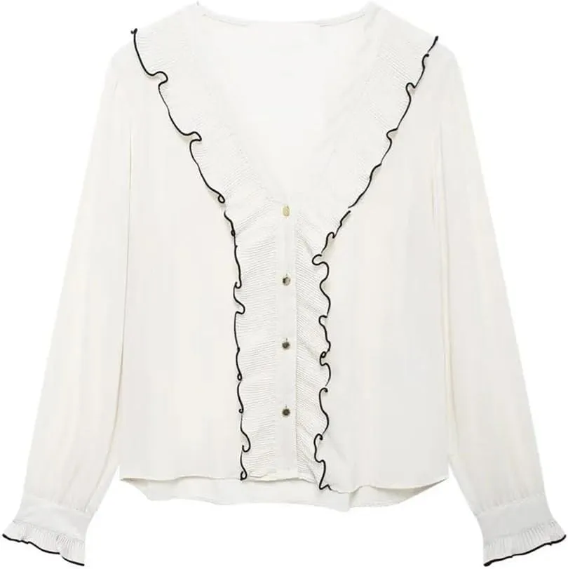 Women Splicing Decorative Edge Small Pleat Layered Decoration Long Sleeved V-Neck Shirt