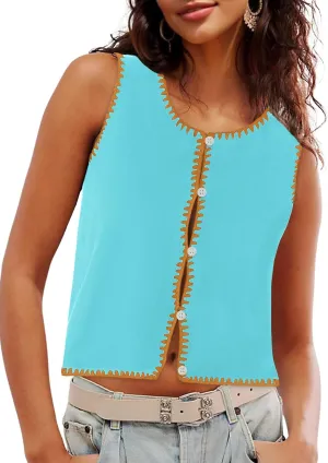Womens Sweater Vest Sleeveless Button Down Tank Tops Spring Summer Cropped Cardigan 2025 Knit Top